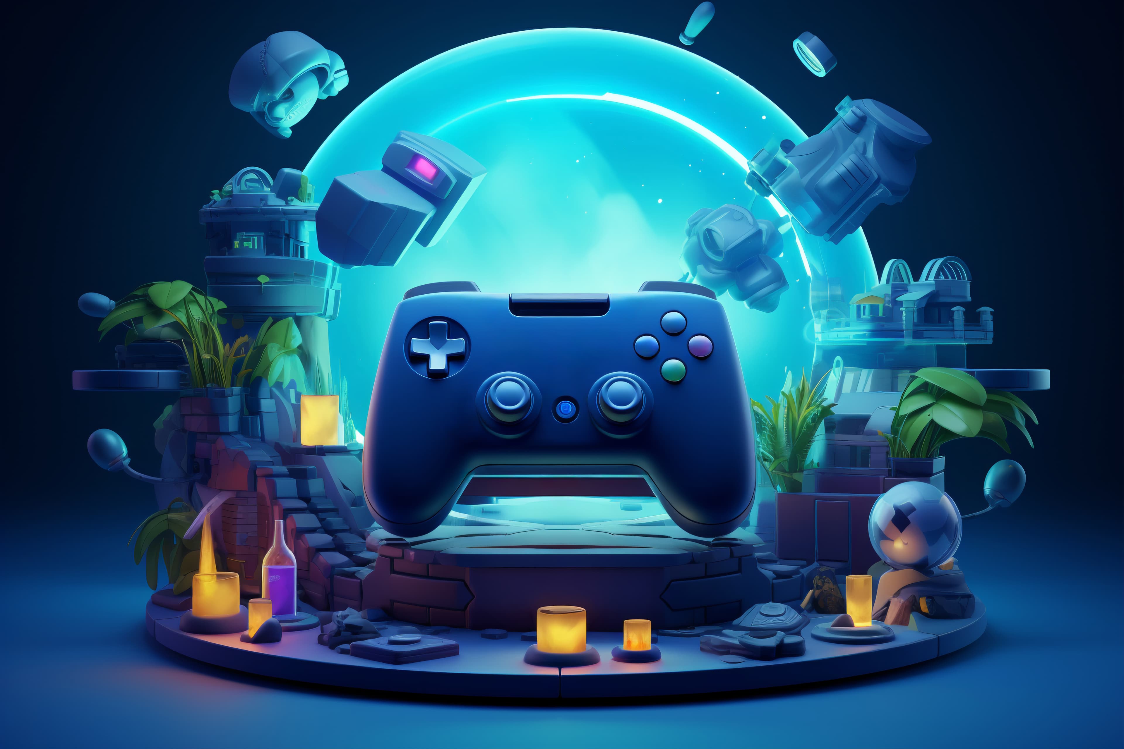 Stylised 3D game controller in a glowing lobby-style scene with navy and cyan lighting